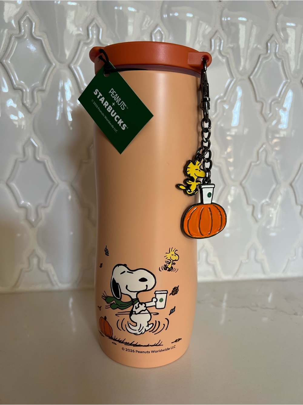 Starbucks x Peanuts Peach Pumpkin Stainless Tumbler with Charm 16 oz